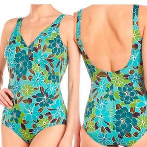 NWOT Miraclesuit Faux Wrap Green Blue Floral One Piece Swimsuit - US 10